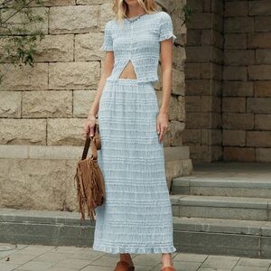 Commense Sky Blue Textured Skirt Set